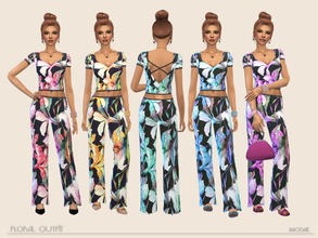 Sims 4 — Floral Outfit by Paogae — Nice outfit with floral pattern, short sleeves blouse and wide trousers, in five