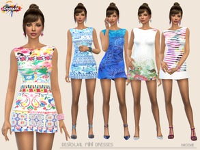 Sims 4 — Desigual mini dresses by Paogae — Five mini dresses with Desigual brand patterns, cheerful and funny for your
