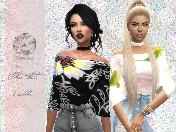 Sims 4 — Choker T-Shirt Camuflaje by Camuflaje — * New mesh * Compatible with the base game * HQ * All LODs (I recommend