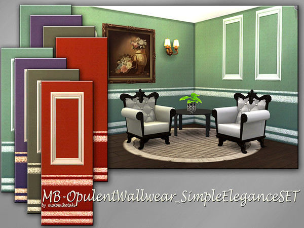 Sims 4 — MB-OpulentWallwear_SimpleEleganceSET by matomibotaki — 2 matching legant solid colored wallpaper with borders