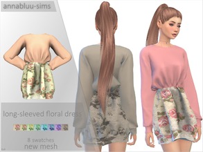 Sims 4 — Annabluu's Long-Sleeved Floral Dress by annabluu — Base Game Compatible For females, Teen to Elder HQ Compatible