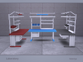 Sims 4 — Laboratory. Desk v2 by soloriya — Desk with decorative boxes and shelves for decorative items. Part of