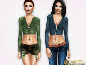 Sims 3 — Zip Front Velvet Crop Top by Harmonia — 3 color. recolorable Please do not use my textures. Please do not