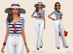 Sims 4 — MarineJumpsuit by Paogae — Navy style jumpsuit, white trousers, white and blue striped top with red anchor.