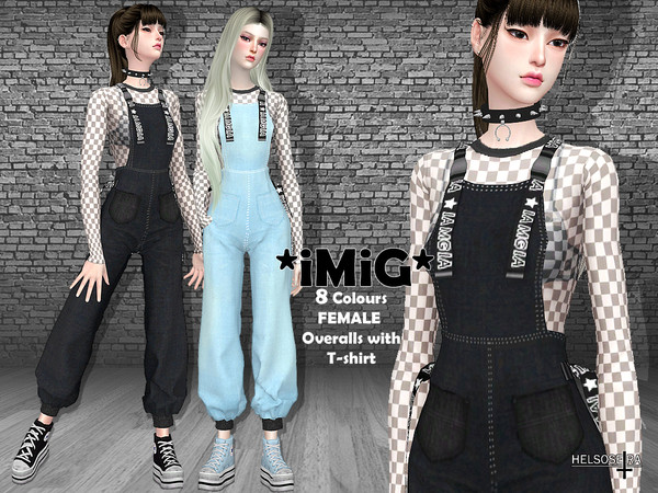 Sims 4 — IMIG - Overalls with T-Shirt by Helsoseira — Name : IMIG Style : Denim overalls belts buckles and sheer
