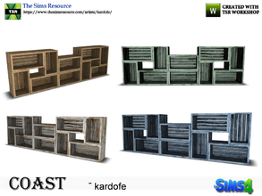 Sims 4 — kardofe_Coast_Shelving by kardofe — Shelving built with boxes of fruit in four options of worn wood, also works