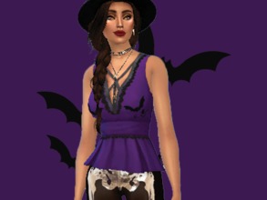Sims 4 — Halloween Tops by assassin_of_fairgard — Purple witch top with bats and red and black witch top. Both have lace.