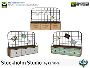 Sims 3 — kardofe_Stockholm Studio_shelf by kardofe — Wall shelf, with a metal grid back, to put notes and three drawers,