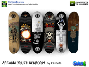 Sims 4 — kardofe_Arcadia youth bedroom_skateboard with paintings by kardofe — Skateboards hanging on the wall 