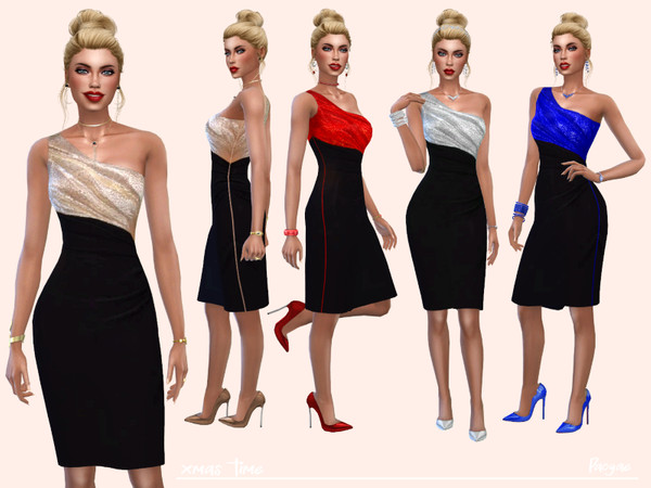 Sims 4 — Xmas time by Paogae — Elegant one-shoulder dress, knee-length, black bottom and top in four colors, perfect for