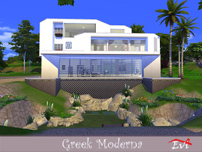 Sims 4 — Greek Moderna by evi — A modern Greek house built on a cliff. First floor, living room and a bathroom. Second