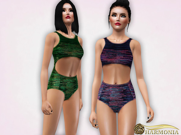 Sims 3 — Cutout Crochet-Knit Swimsuit by Harmonia — 3 variations not recolorable Please do not use my textures. Please do