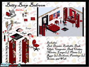 Sims 1 — Betty Boop Bedroom Set by frogger1617 — Includes: Bed, Dresser, Endtable, Desk, Chair, Computer, Desk Clutter,