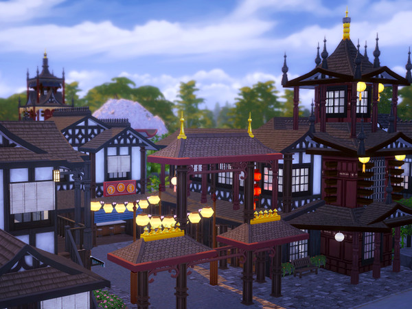 Sims 4 — Asian Lake Village by kaibellvert2 — Asian inspired village with two houses, ramen shop, tea shop, restaurant,