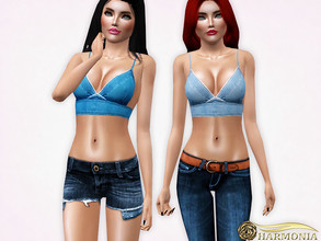 Sims 3 — Denim Spaghetti Strap Crop Top by Harmonia — 4 color. recolorable (part) Please do not use my textures. Please