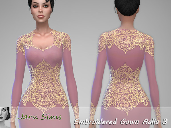 Sims 4 — Embroidered Gown Aalia 3 by Jaru_Sims — Base game mesh recolor Long Dress 13 swatches Teen to elder Custom