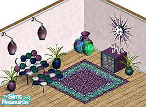 Sims 1 — Retro Set 1 by STP Carly — Includes: Rug, Pottery, Plants(3), Loveseat, Hanging Lamp, Coffee Table, Smoke Alarm,