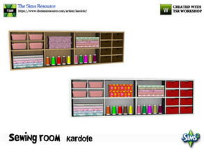 Sims 3 — kardofe_Sewing room_Shelving by kardofe — Wood storage with drawers, boxes, folded fabrics and spools of thread