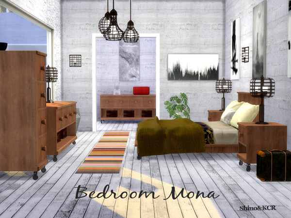 Sims 4 — Bedroom Mona by ShinoKCR — Minimalist Bedroom with an industrial touch -Double Bed -Comforter (in Sculptures)
