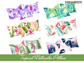 Sims 4 — Tropical Watercolor Pillows by neinahpets — A set of 3 pillows with a tropical theme. 6 different tropical