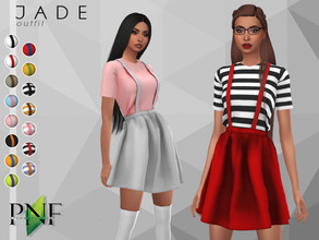 Sims 4 — JADE | outfit by Plumbobs_n_Fries — New Mesh Outfit - Top Tucked into Skirt with Suspenders. Female | Teen -