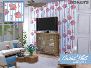 Sims 4 — Coastal Shell Wallpaper II by neinahpets — A bold blue striped wallpaper with beautiful coral shells.