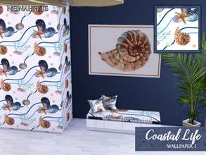 Sims 4 — Coastal Life Wallpaper by neinahpets — Deep navy coastal life wallpaper featuring starfish, nautilus and mussel
