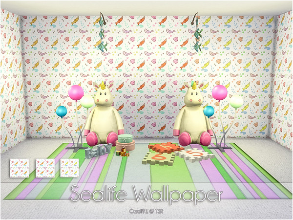 Sims 4 — Sealife Wallpaper by Caroll912 — 3 recolours of cute shells and fish wallpaper in pastel tones. Suitable for