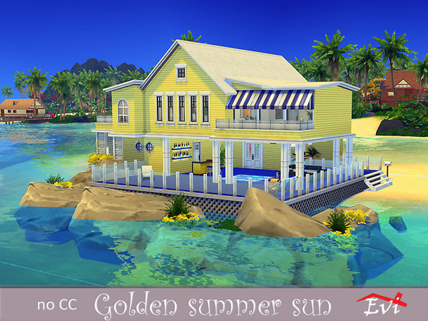 Sims 4 — Golden Summer Sun by evi — A three bedroom comfortable beach house with its private beach entrance and a couple