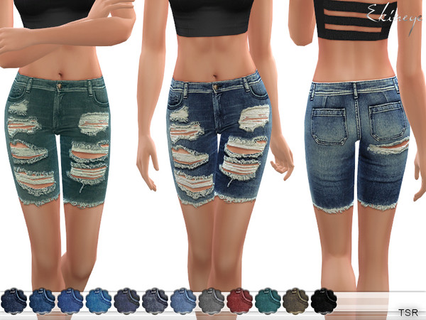 Sims 4 — Distressed Denim Shorts by ekinege — A pair of denim shorts featuring allover distressing, classic five-pocket,
