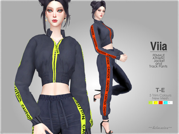 Sims 4 — VIIA - Athletic Jacket and Track Pants by Helsoseira — Style : Zip front crop jacket with neon trims and pants
