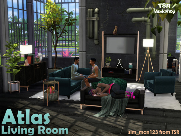Sims 4 — Atlas Living Room by sim_man123 — A modern loft-style living room with touches of mid century modern scattered