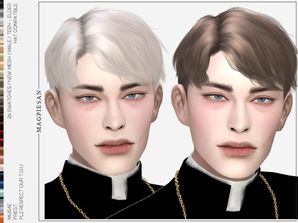 Sims 4 — Priest Hair by magpiesan — MUSAE's Priest Hair -New Mesh -For male -All LODs -26 Swatches -Hat Compatible