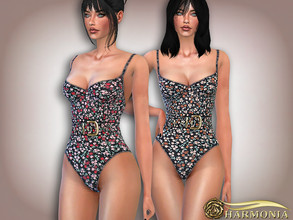 Sims 4 — Floral-print Belted Swimsuit by Harmonia — 4 color Please do not use my textures. Please do not re-upload.