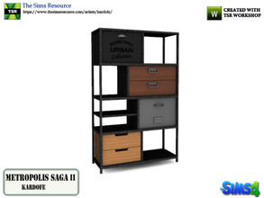 Sims 4 — kardofe_Metropolis Saga_Bookshelf by kardofe — Industrial style wood and metal bookcase with drawers, with