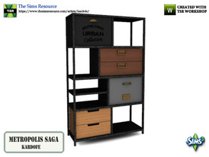 Sims 3 — kardofe_Metropolis Saga_Bookshelf by kardofe — Industrial style wood and metal bookcase with drawers, with