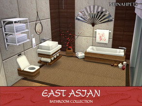 Sims 4 — East Asian Bathroom Collection by neinahpets — A beautiful zen bathroom in rich wood, featuring red and blue