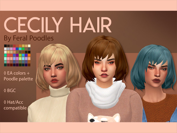 Sims 4 — Cecily Hair by feralpoodles — A short fluffy bob! -63 swatches (18 EA colors + 45 Poodles) -Hat/Accessory