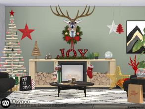 Sims 4 — Oxygen Christmas Decorations by wondymoon — Fireplace, wooden Christmas tree and decoration objects. Living room