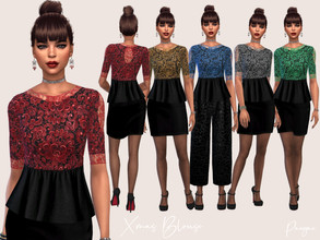 Sims 4 — XmasBlouse by Paogae — Elegant black blouse with overlaid lace in five colors, perfect for Christmas time.