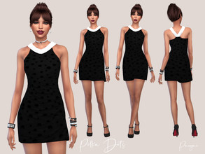 Sims 4 — PolkaDots by Paogae — Cute black mini dress with polka dots and white collar in shiny silk, bare shoulders.