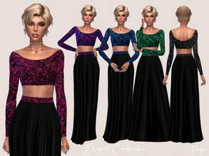 Sims 4 — ElegantCombination by Paogae — Matching outfit, long pleated skirt and low-necked long-sleeved top with