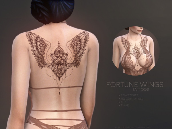 Sims 4 — Fortune Wings tattoos by sugar_owl — - 3 versions - 9 swatches - compatible with all skintones and overlays - HQ