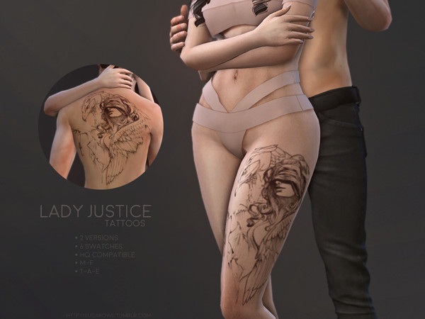 Sims 4 — Lady Justice tattoos by sugar_owl — - 2 versions - 6 swatches - compatible with all skintones and overlays - HQ