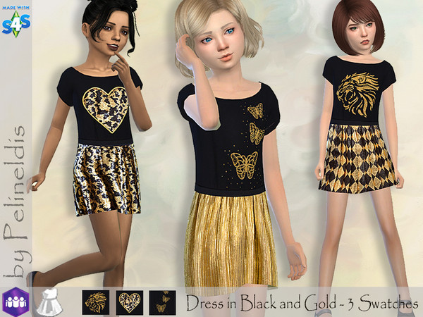 Sims 4 — Glitter and Gold Dress - Get Together by Pelineldis — A sweet dress for girls in gold and black with a heart,