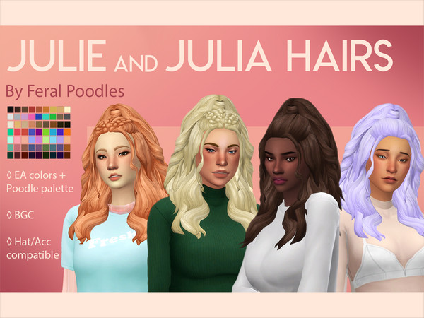 Sims 4 — Julie Hair by feralpoodles — A long wavy half-up hairstyle with a braided top! This is the FIRST hair (left) in