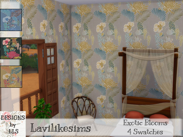 Sims 4 — Exotic Blooms by lavilikesims — by Lavilikesims 4 swatches in 3 wall sizes Gray, Blue, Orange, Dark Gray Base