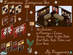 Sims 1 — Earthtonian Livingroom Set by frogger1617 — Includes: Coffee Table, Chair, Endtable, Floor Lamp, Table Lamp,