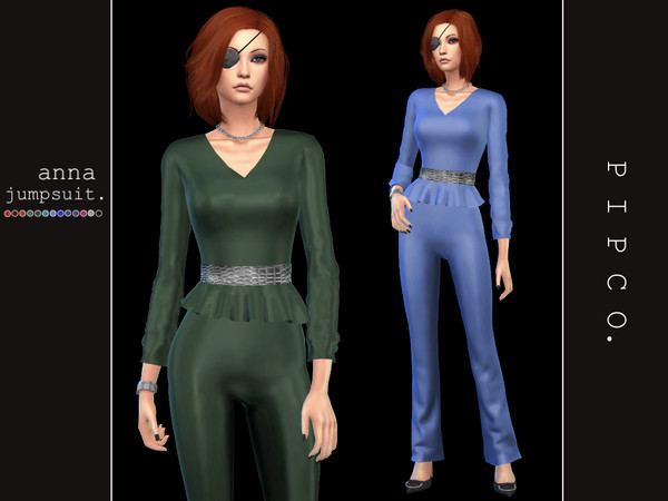Sims 4 — Anna Jumpsuit. by Pipco — A silky, elegant jumpsuit. 15 swatches with 2 different shine intensities base game