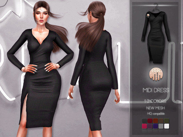 Sims 4 — Midi Dress BD218 by busra-tr — 10 colors Adult-Elder-Teen-Young Adult For Female Custom thumbnail -Compatible